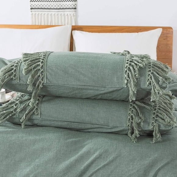 NEW Softta Vintage Tassel Bedding Set Green, Twin, 3 pc Duvet Cover Set, Cotton - Picture 5 of 8